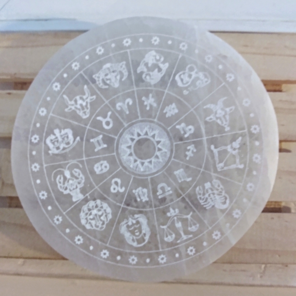 ☮️ ZODiAC SymboL WHEEL ⭐ White SeLenite Energy GRiD CRYSTAL charging Plate Gift